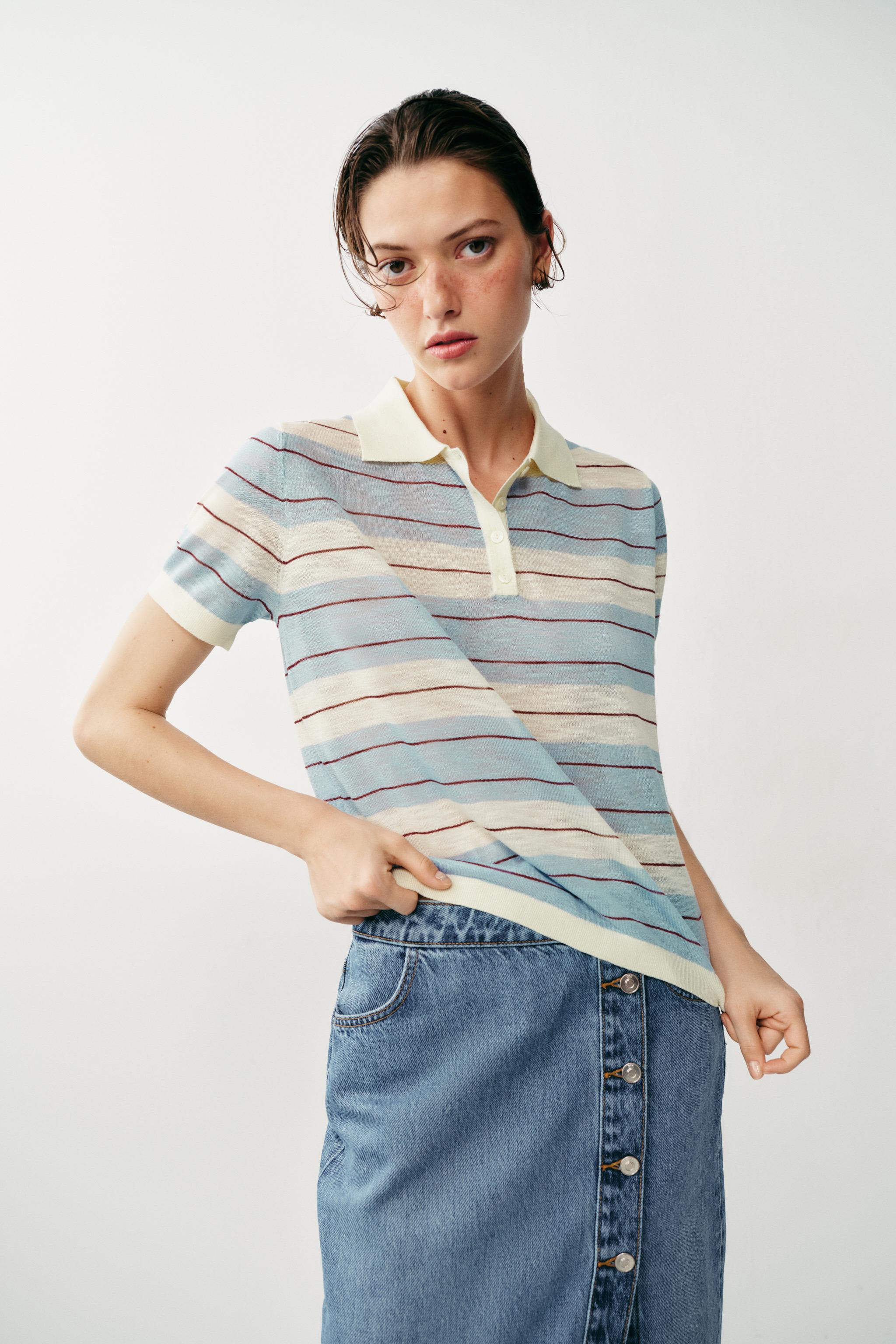 STRIPED KNIT POLO TOP